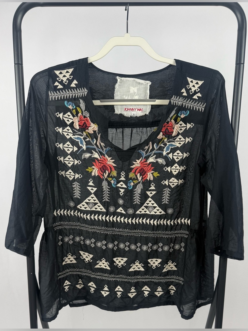 Johnny Was SJ Workshop Embroidered Sheer Silk Blend Boho Blouse Black Sz S - Picture 2 of 5